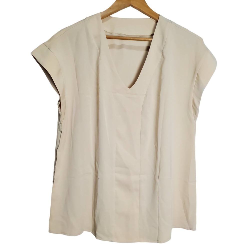 V-Neck Blouse Womens Size Large Cream Cap Sleeve Career Business Lightweight